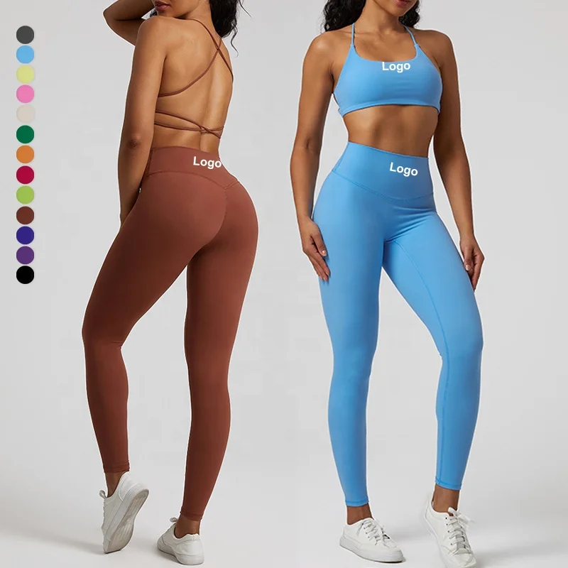 2024 Ins New Custom Logo Cross Strap Sexy Butter Yoga Set Scrunch Butt Leggings And Bra Set Yoga Activewear Gym Fitness Sets