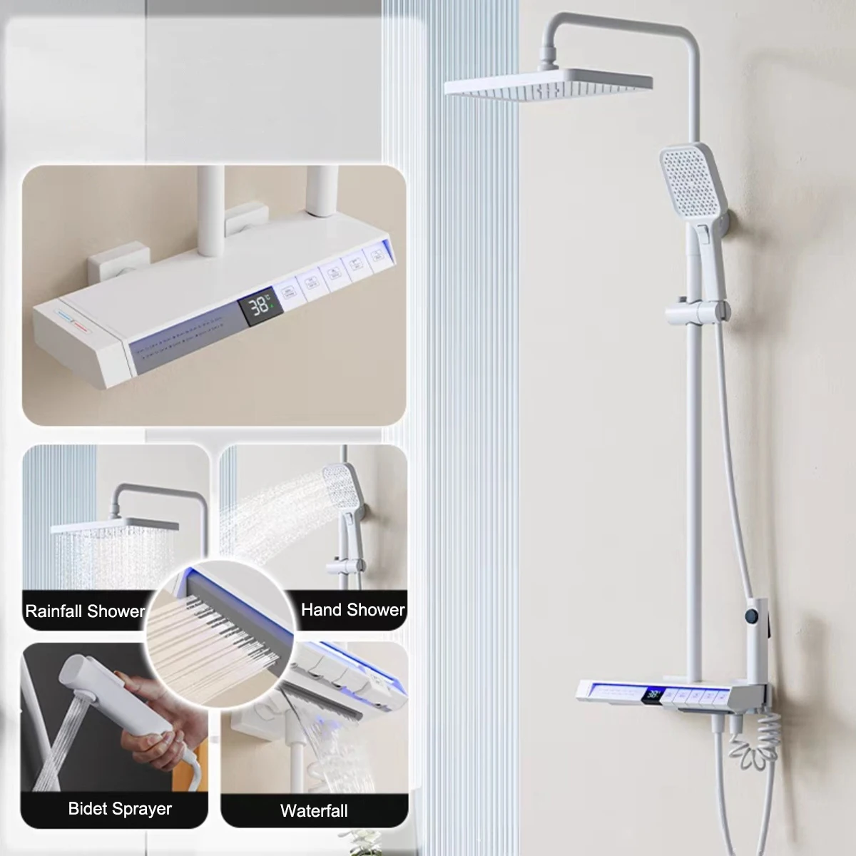 LED Light Display Piano Thermostatic 5 Functions Wall Mounted Set Bathroom Rainfall Waterfall Shower