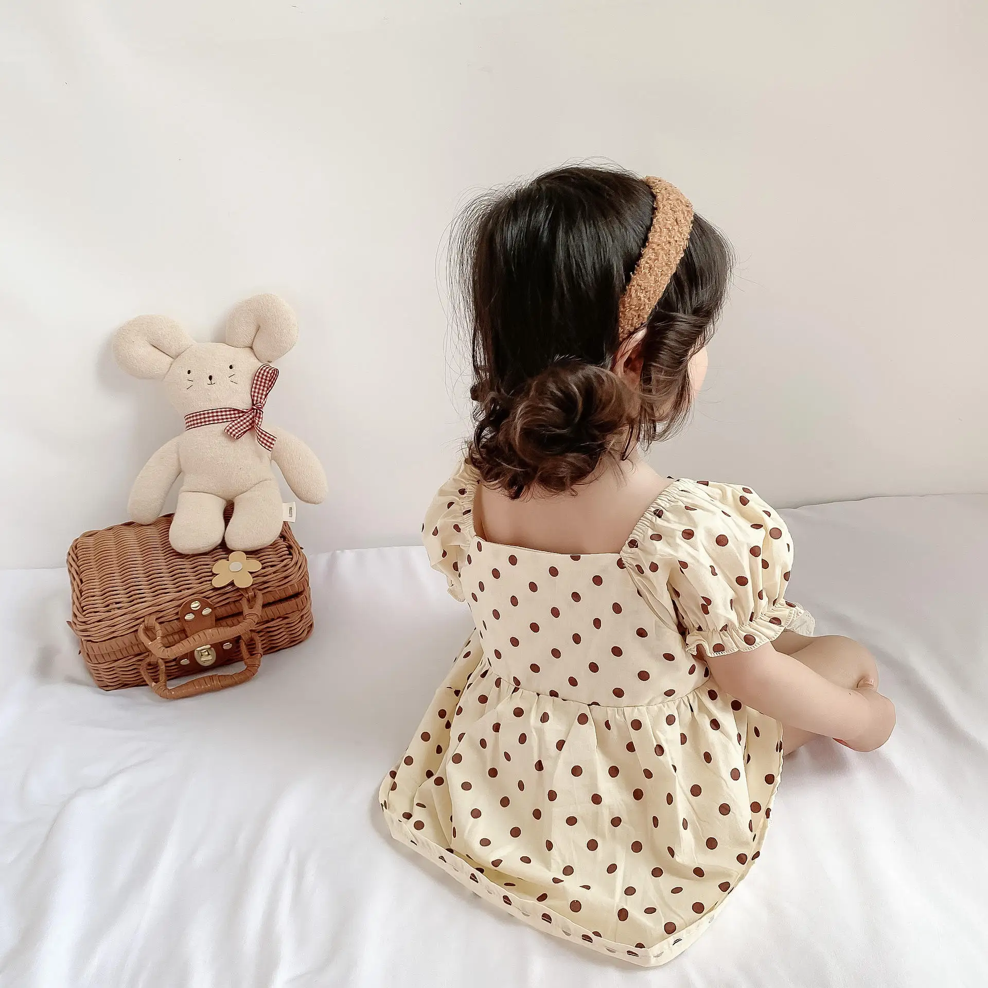 Korean version wave point foreign style baby bow princess skirt pure cotton short sleeve baby dresses