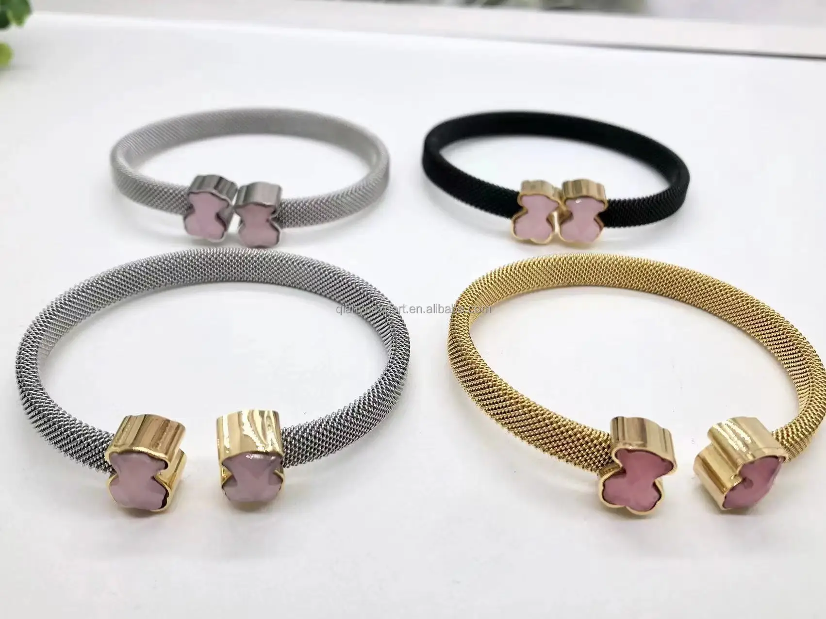 Stainless Steel cuff Cable Bangle Twisted  Gold Cable Wire Bracelet With Bear Ring Ladies Women Jewelry Charm Bracelet