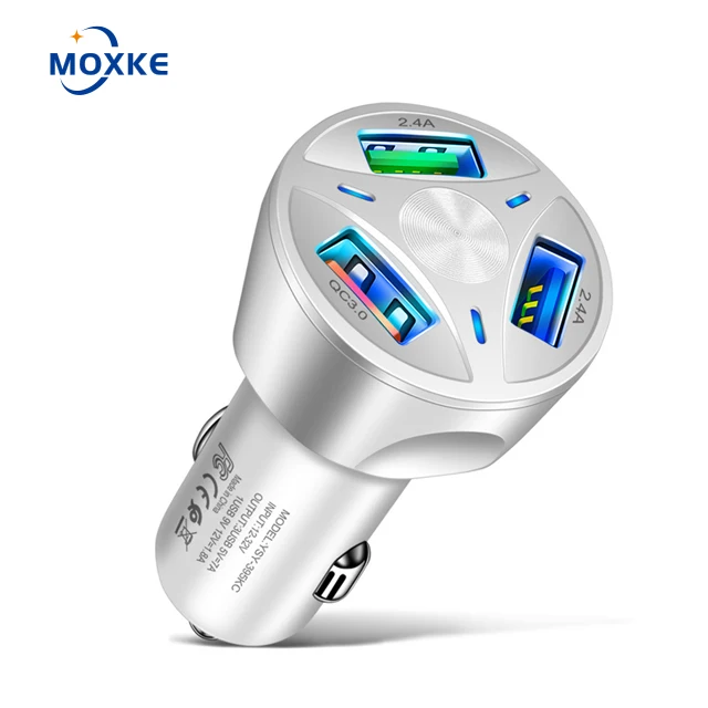 Moxke QC3.0 3USB fast charge car charger turntable multi-port usb with indicator 9V/12V mobile phone car charger Customized Logo