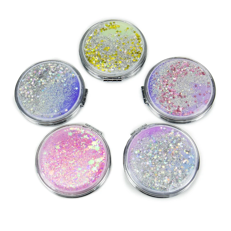 Customized Logo Hand Mirror Quicksand Compact Mirror Water Liquid Round Makeup Mirror New 2022