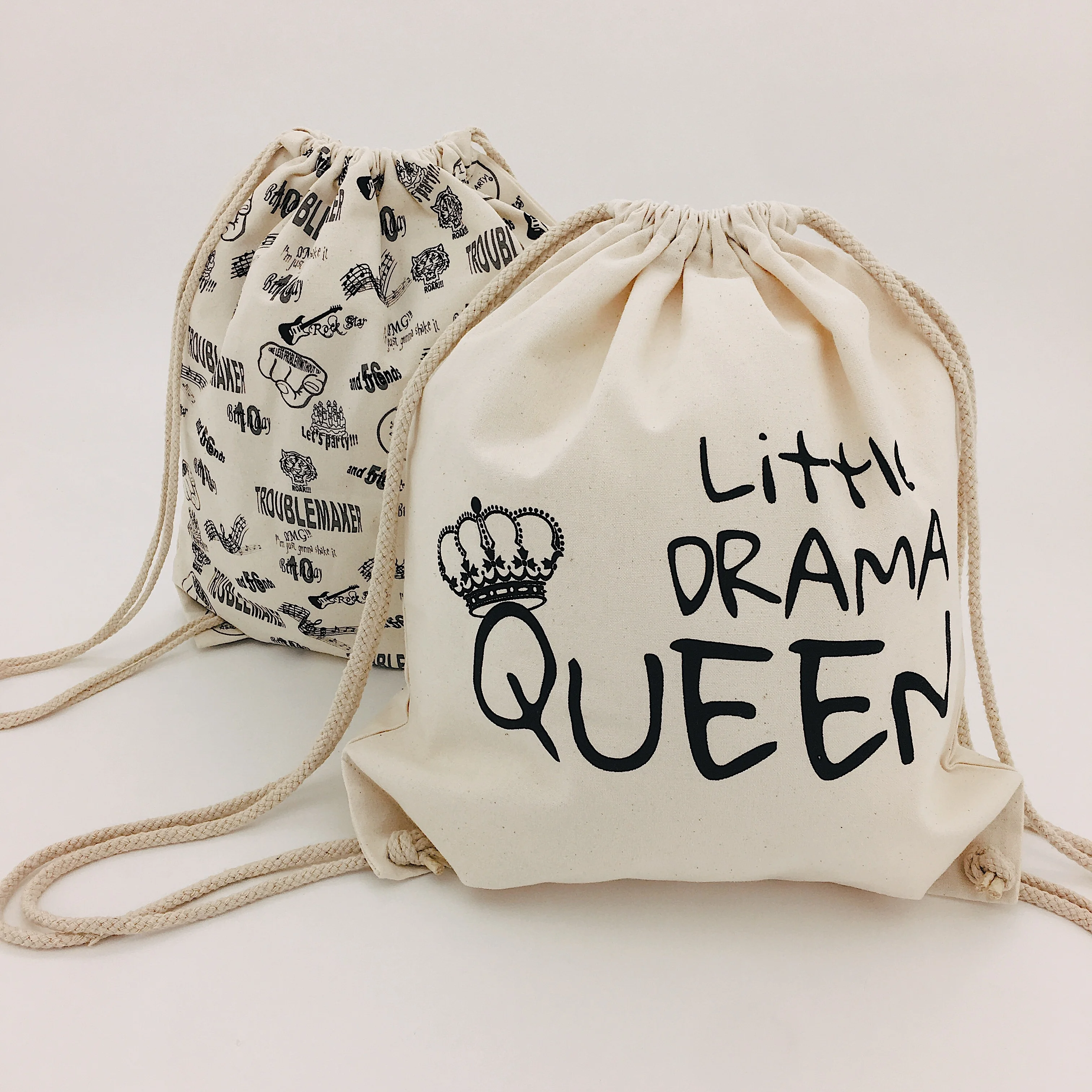 custom print organic cotton twill fabric cartoon custom silk drawstring bag gym/shoe bag