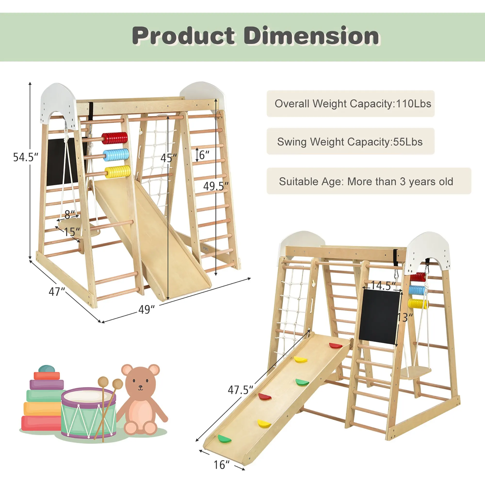 Wooden Climbing Frame Playground Indoor Children Montessori GYM Foldable Climbing Pickler Swing Combination Sports Exercise Sets