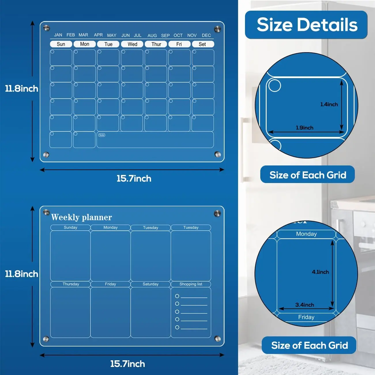 Acrylic Magnetic Menu Board for Fridge, Reusable Weekly Planner, Erasable Memo Whiteboard and Dry Erase Kitchen Board(2 Pack)