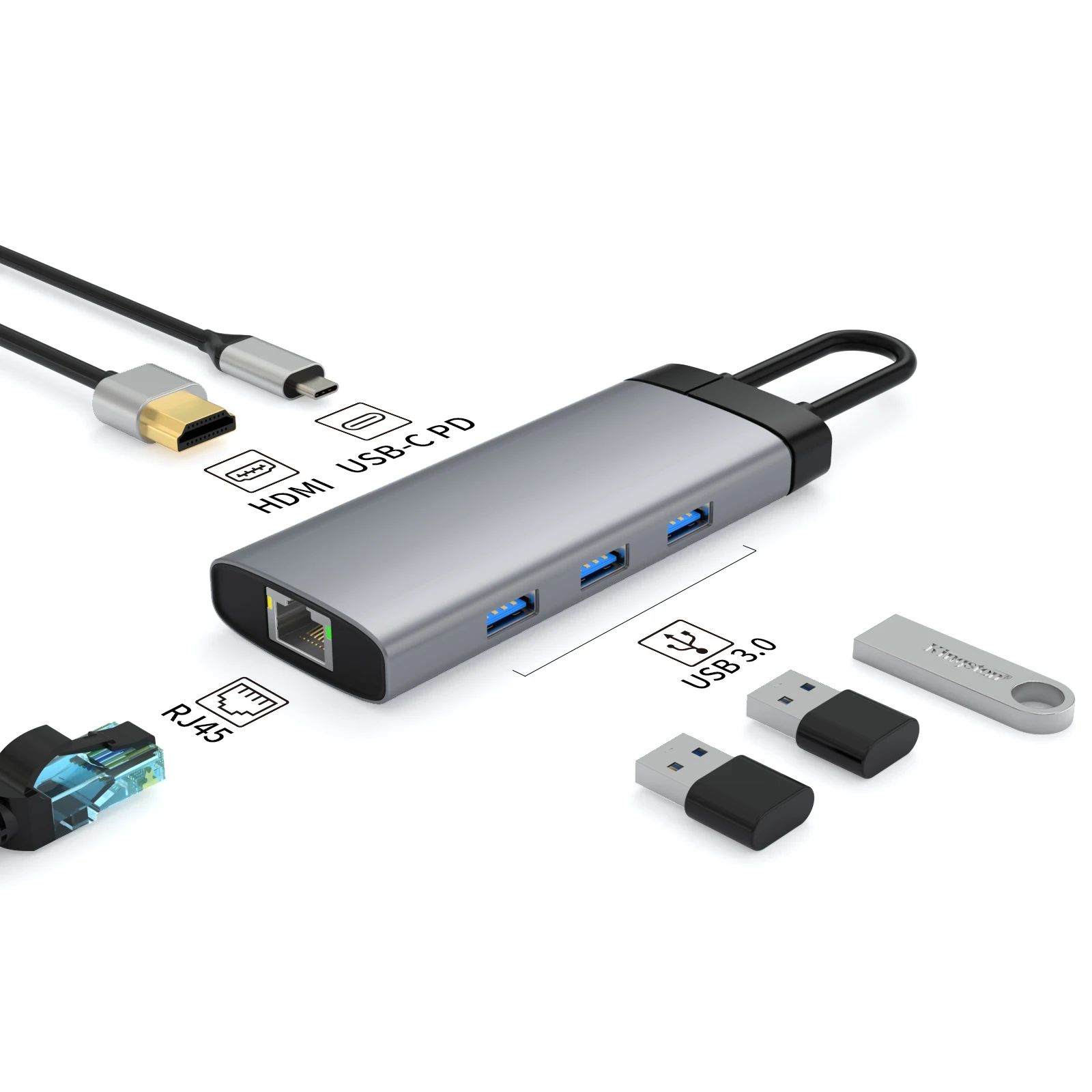 6 in 1 usb 3.0 hub Fast charge HD-MI USB3.0*3 usb c hubs RJ45 1000M SD TF USB HUBS