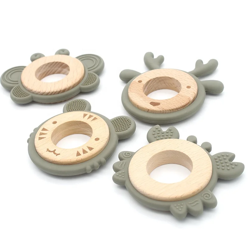 Beach wooden Teething rings baby bite ring good sensory quality BPA free silicone antler wood teether