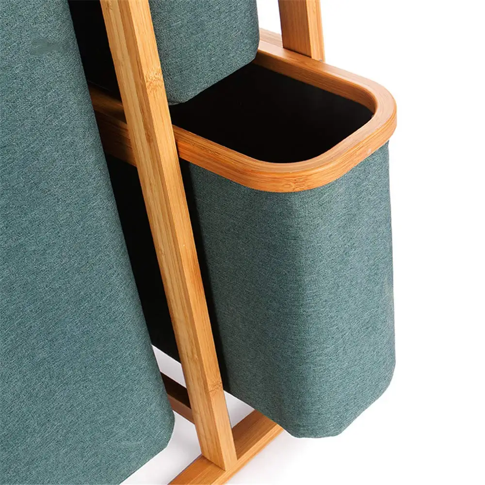 Modern 3 Divided Bamboo Laundry Hamper Sorter Dirty Clothes Hinder Station 3 Slide Drawer Storage Fabric Bag Bathroom Furniture