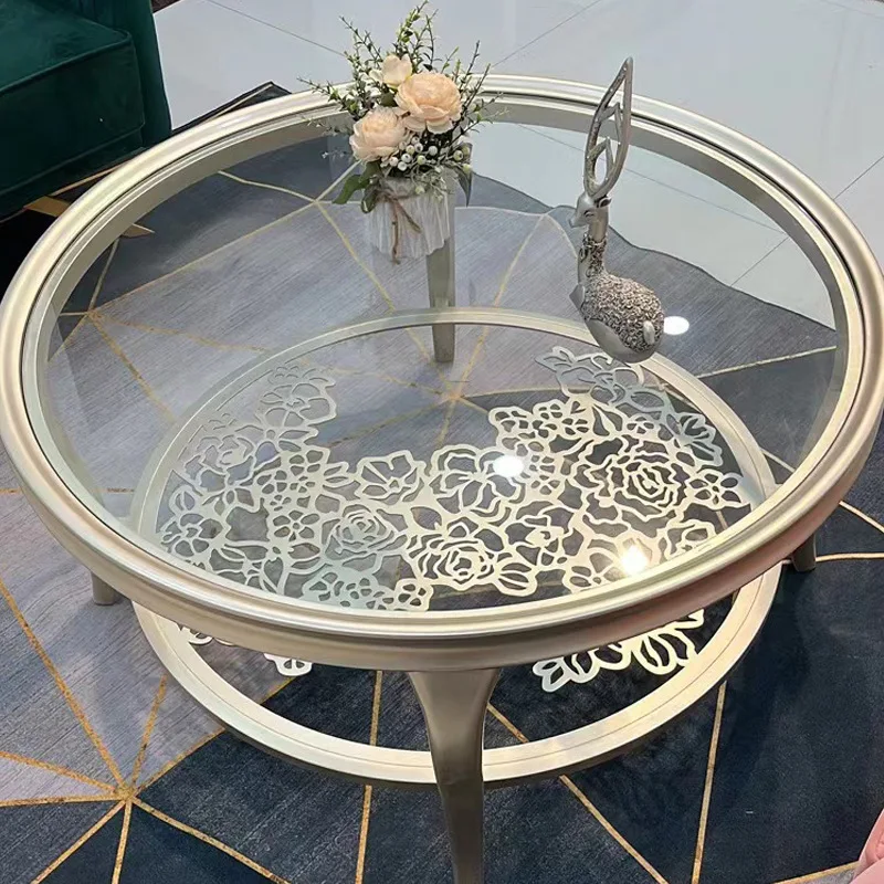 MR Modern Solid Wood Round Center Table Living Room Coffee Table Tempered Glass Top Stainless Steel Hollow Tea Table
