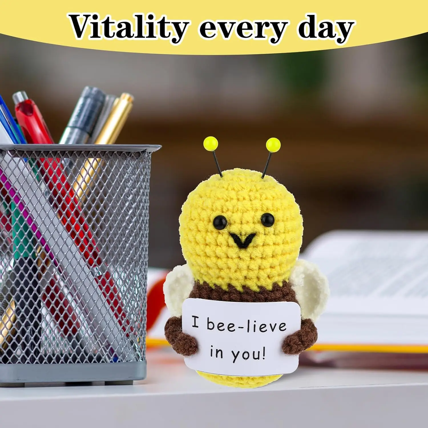 4 Inch Positive Bee Crochet Cute Wool Funny Knitted Positive Bee I Bee-lieve in You Doll Gifts for Birthday Friends Part