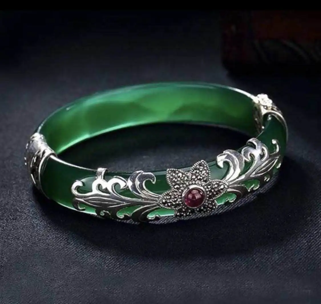 S925 pure silver Green chalcedony Bracelet handmade exquisite bracelet total weight 36.5g  circumference 18cm