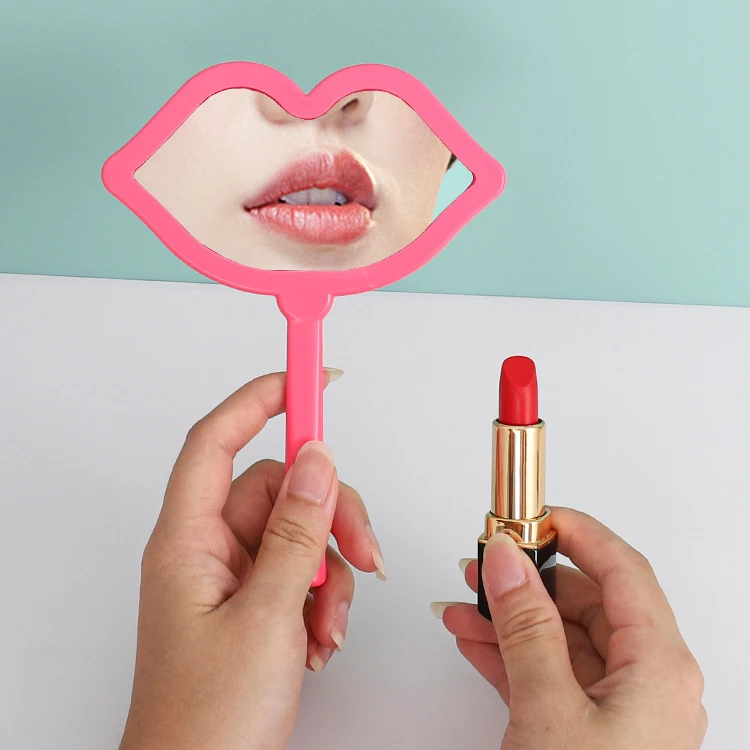Custom Logo Salon Hairdresser Lips-Shaped Handheld Portable Cosmetic Vanity Makeup Hand Held Mirror With Handle