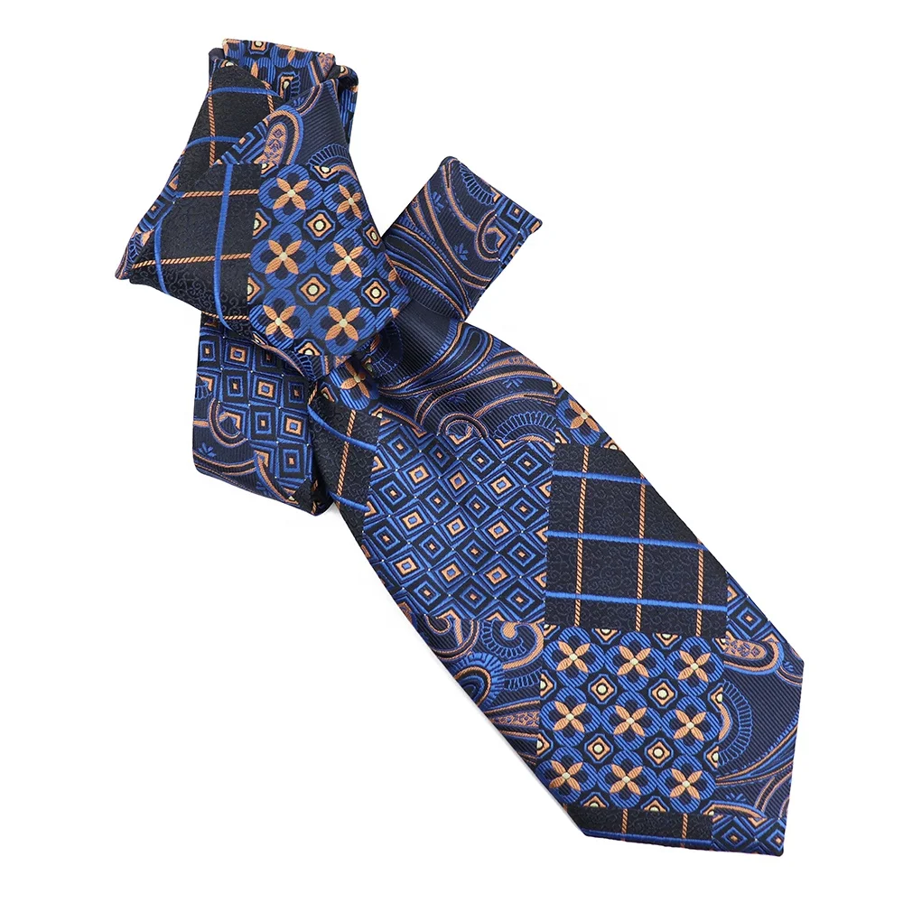 Custom Brand Logo Vintage Floral Woven Necktie Men Four Kind Flower Pattern Splicing Jacquard Polyester Tie Navy