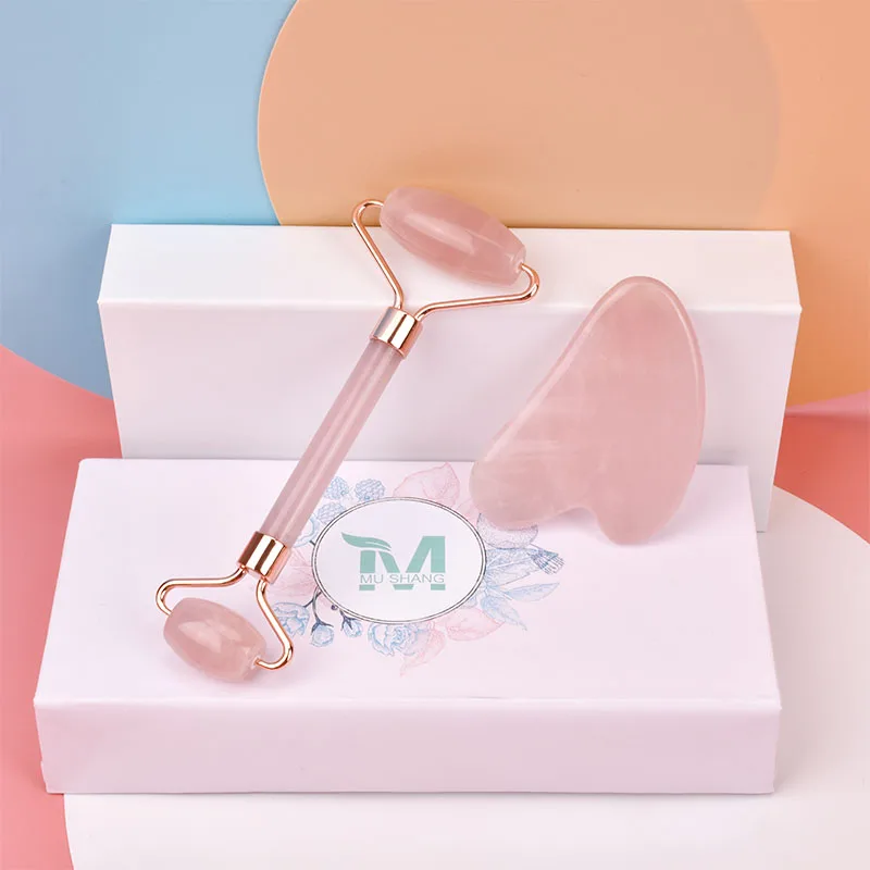Factory Sell  Natural Pink Rose  Quartz Facial Jade Roller And Gua Sha Tools Set Wtih Custom Box