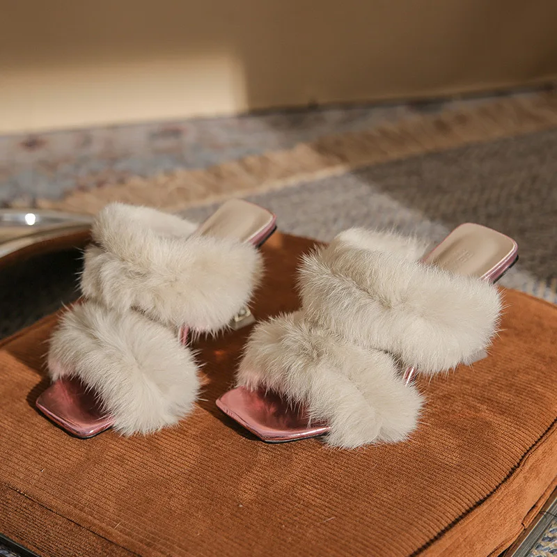 New Pantofole Con Tacco E Piume Mules Kitten Cup Open Toe Slipper Sandals Faux Fur Heels for Women