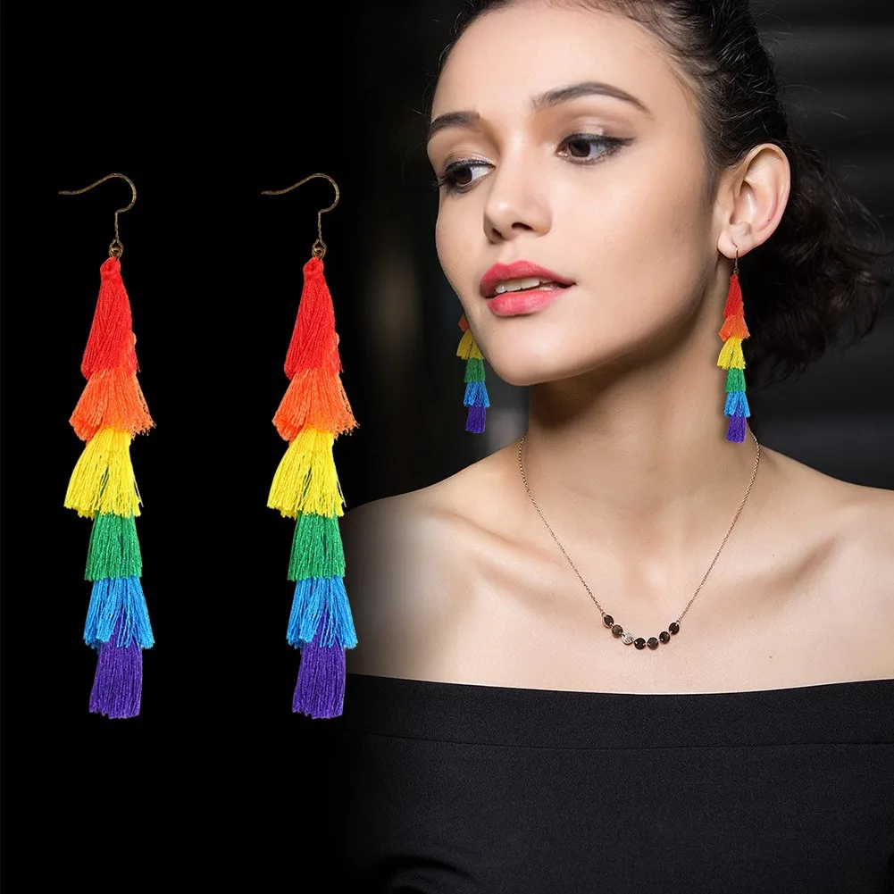 Wholesale Bohemian Resort Style Rainbow Tassel Earrings Handmade Colorful Long Tassel Earrings Unique Gifts For Her