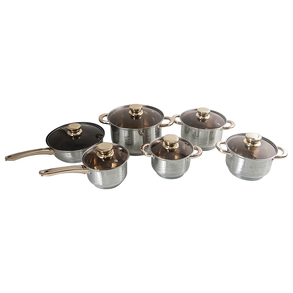 High Quality Factory Wholesale Stainless Steel Cookware Set Luxury 12 Pcs Kitchen Utensils With Glass Lid Casseroles