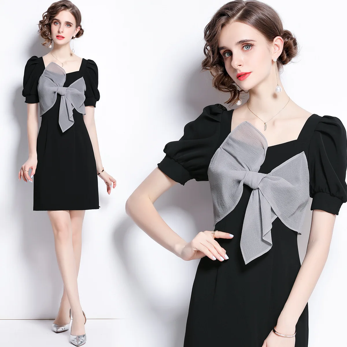 Party Elegant Spring Casual Dresses Women Puffy Ladies Official Evening Puff Sleeve Puffed Korean Long Girls Bow Dress For Woman