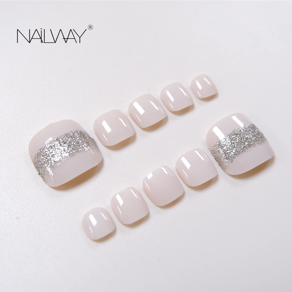 Factory White Short Square Artificial Nails For Toe Silver Glitter Nails Press On Toe Nails