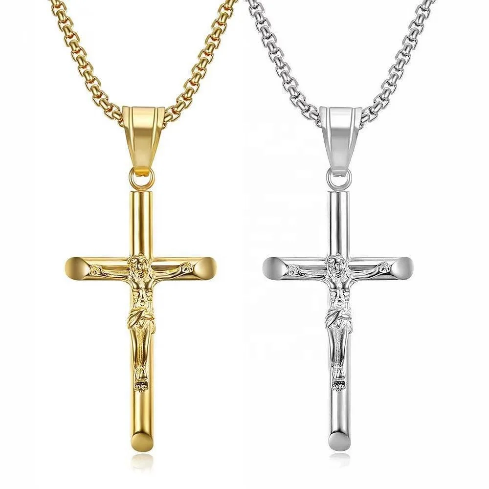 New Christian Jewelry Wholesale High Quality Stainless Steel Gold Plated Classic Christian Jesus Cross Pendant Necklace Jewelry