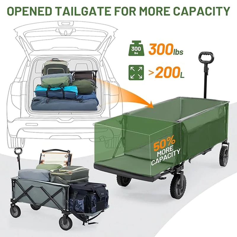 300 lb foldable utility car with tailgate with adjustable handle 200 L capacity portable cart Outdoor camping shopping cart