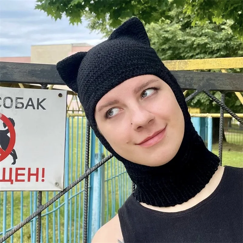 New handmade crocheted street style cat ears headgear models neck protection universal adult cap