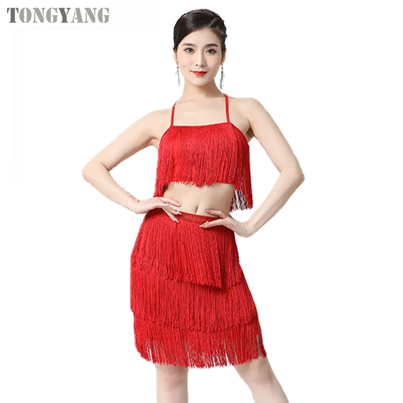 TONGYANG Women Sexy Latin Dance Set Tassel Top And Skirt Dancing Clothing Ladies Stage Performance Costume Practice Set