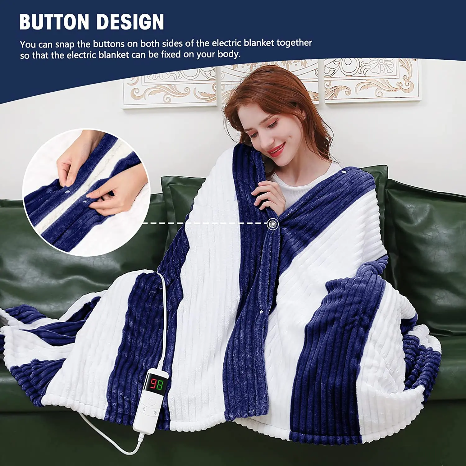 Navy Blue Machine Washable Wearable Heater Electric Blankets For Winter