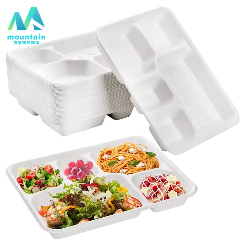 Rectangle Disposable Compostable  Sugarcane Bagasse Divided Plates Biodegradable 5 Compartment Paper Plate