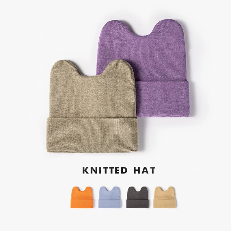 Fashion cute girls plain custom embroidered logo cuffed knitted skully beanie hat with ear muff