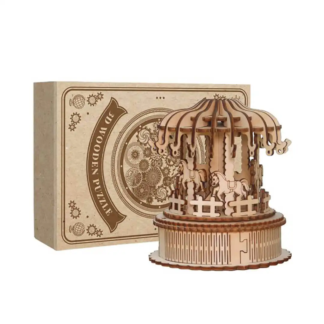 Beaverlab Home Decoration DIY Puzzle Assemble Toys Handheld Wooden Carousel Horse Music Box for Kids