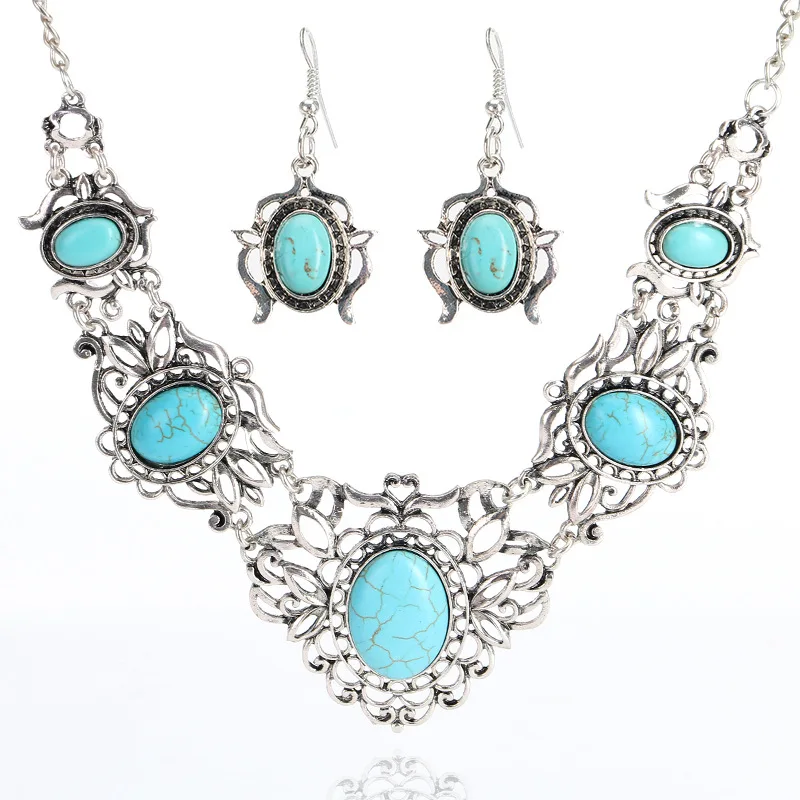 
Superstarer Retro Jewelry Set Bohemian Ethnic Turquoise Inlaid Necklace Earring Set Ladies Jewelry 