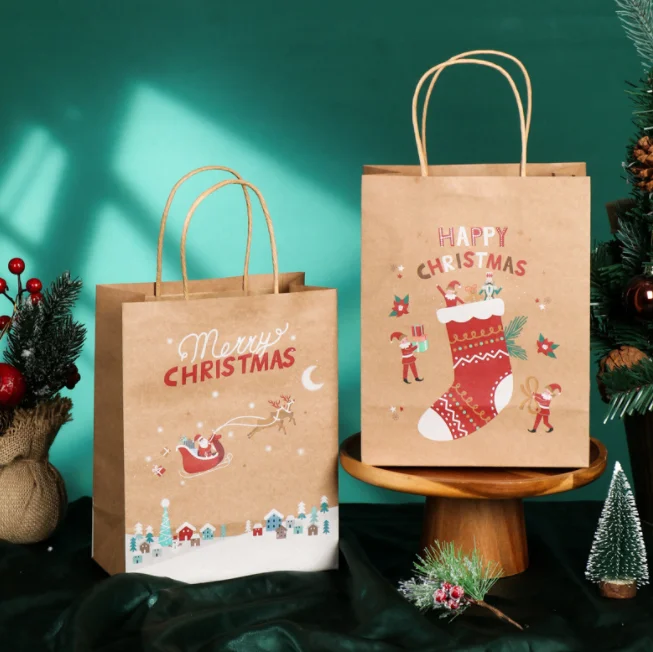 Hot selling premium paper packaging holiday recycled kraft paper bag takeout christmas paper bag