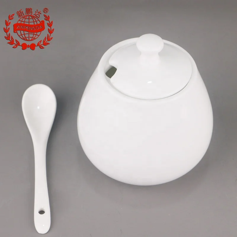 High quality White round Design Bone China Sugar Pot Ceramic sugar jar with spoon