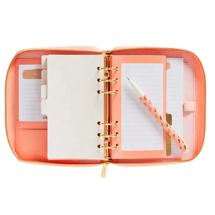 Custom Pu Leather Agenda A6 Organizer Weekly Diary Zipper Closure Organizer Agenda Card Holder Planner Leather Binders