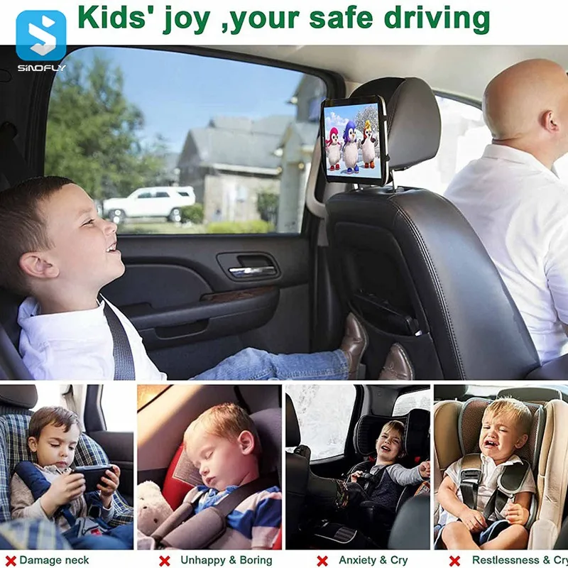 Регулируемый держатель для подголовника автомобиля, держатель для планшета для детей на задних сиденьях, противоскользящий ремень и удерживающая сетка