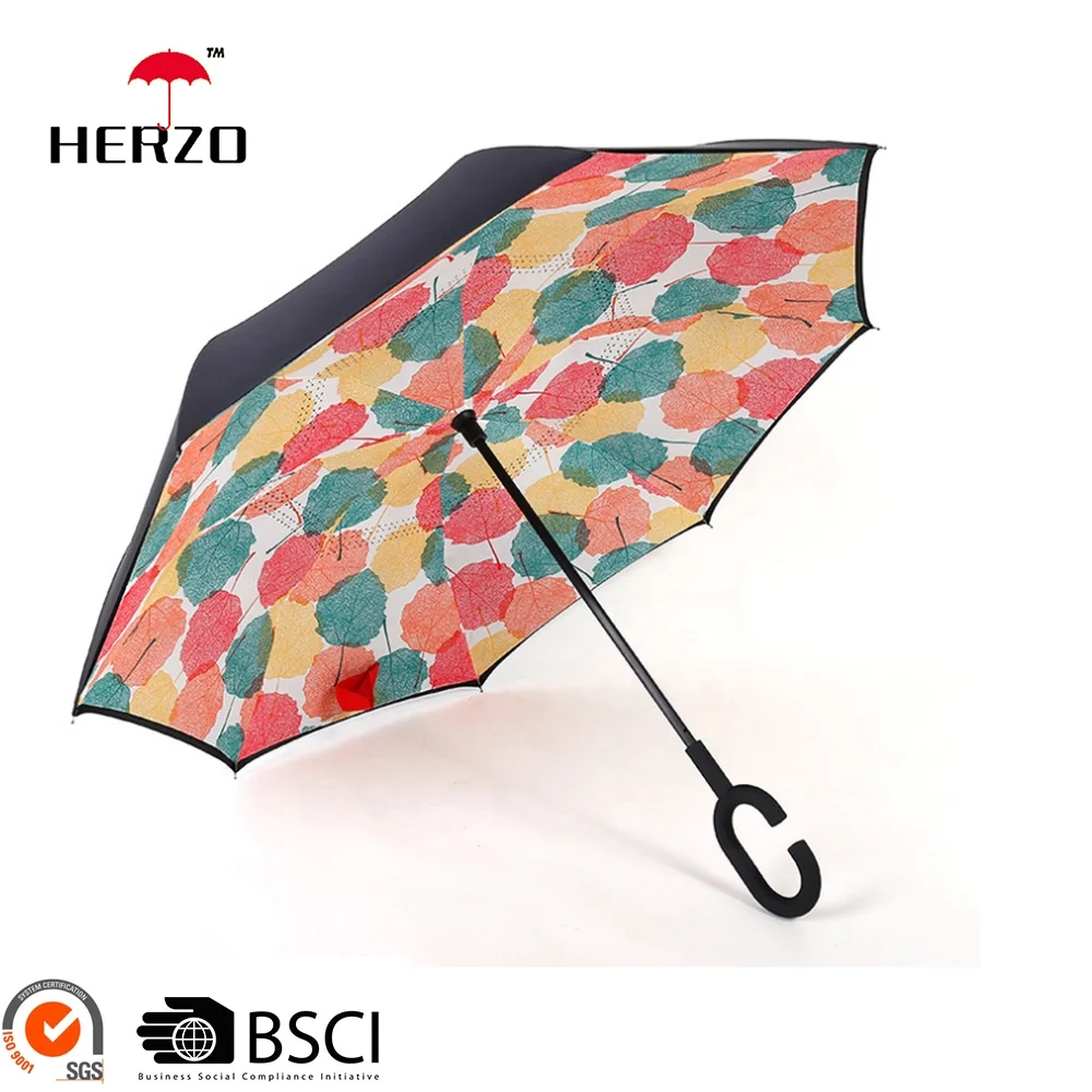 Herzo double canopy inverted C handle for car wind proof auto open fiberglass reverse umbrella