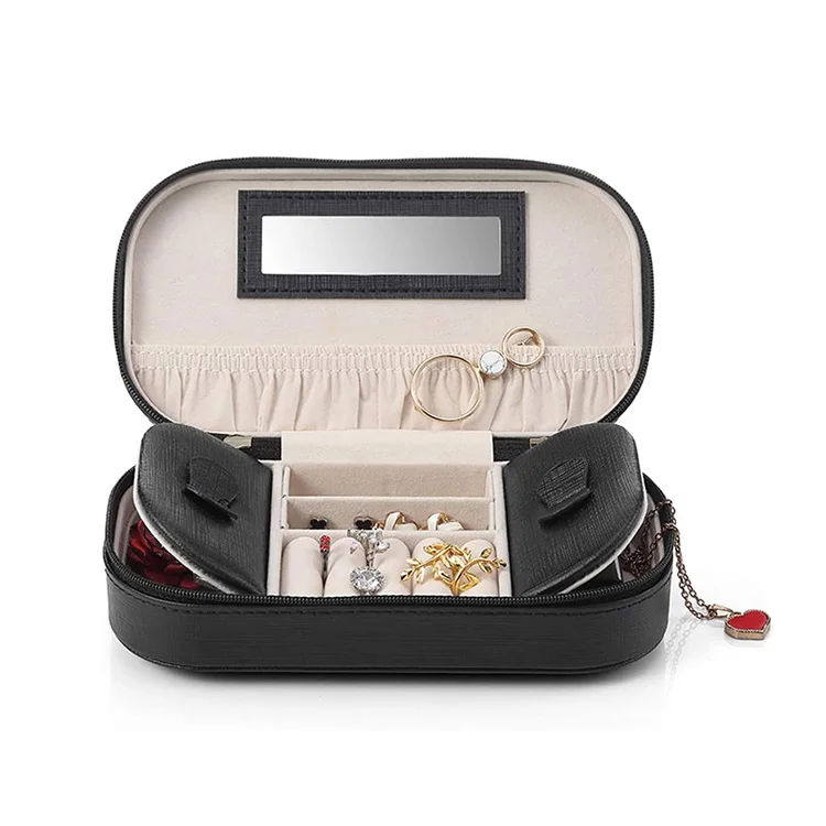 Wholesales small travel jewelry box with two zippers and mirror leather oval shape jewelry organizer