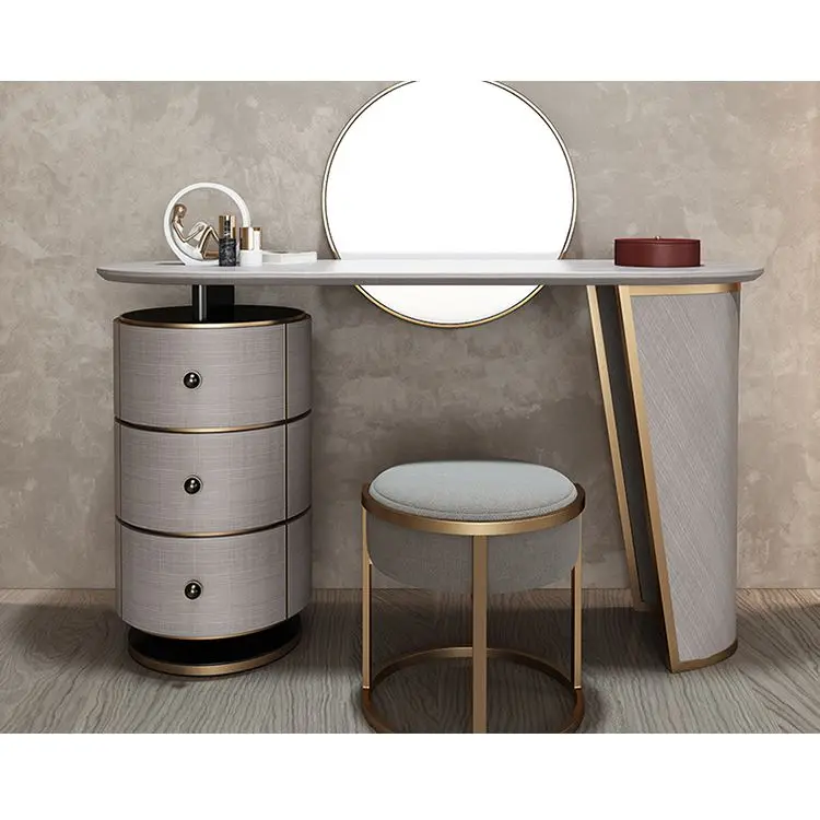 Italian Style Irregular Shape Leg Gray Dressing Table With Round Mirror And Large Storage Bedroom Furniture Set Dresser Table