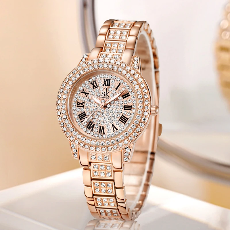 SHENGKE SK New Fashion Gold Diamond Watch For Ladies Bling Bling Iced Diamond Bracelet Hip Hop Watch