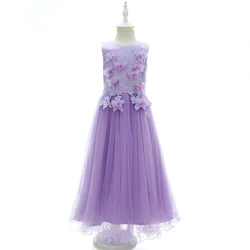 Purple Sleeveless Embroidery Lace Applique Flower Girl Dresses for Wedding