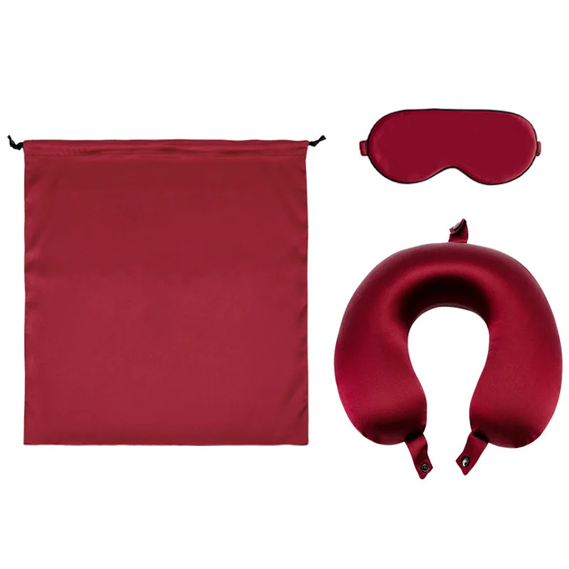 Fast ship Mulberry silk eye mask with silk U Shape Memory Foam neck pillow in bag  3pc silk travel set