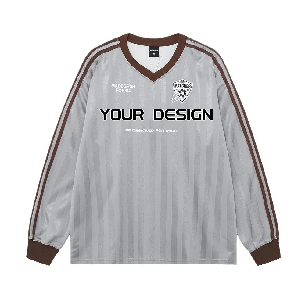 Custom design retro football fans jersey V-neck casual long sleeve dry-fit T-shirt college style unisex striped fashion shirts
