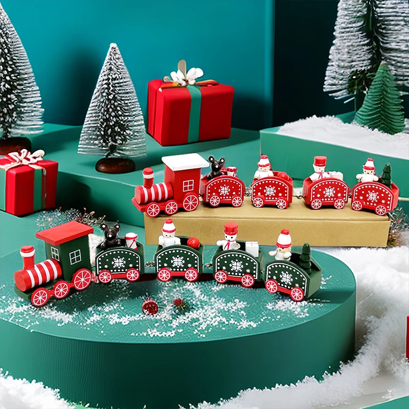 Happy Trees 5 Pcs Wooden Christmas Train with Snowman, Mini Train Decor Set for Christmas Party, Christmas Train Ornament