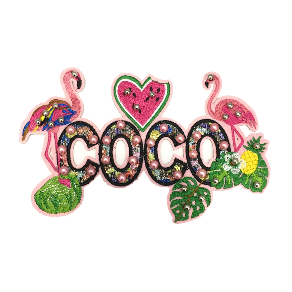 High Quality Iron On Flamingo Flower Pearls Handwork Sequins Embroidery Patches