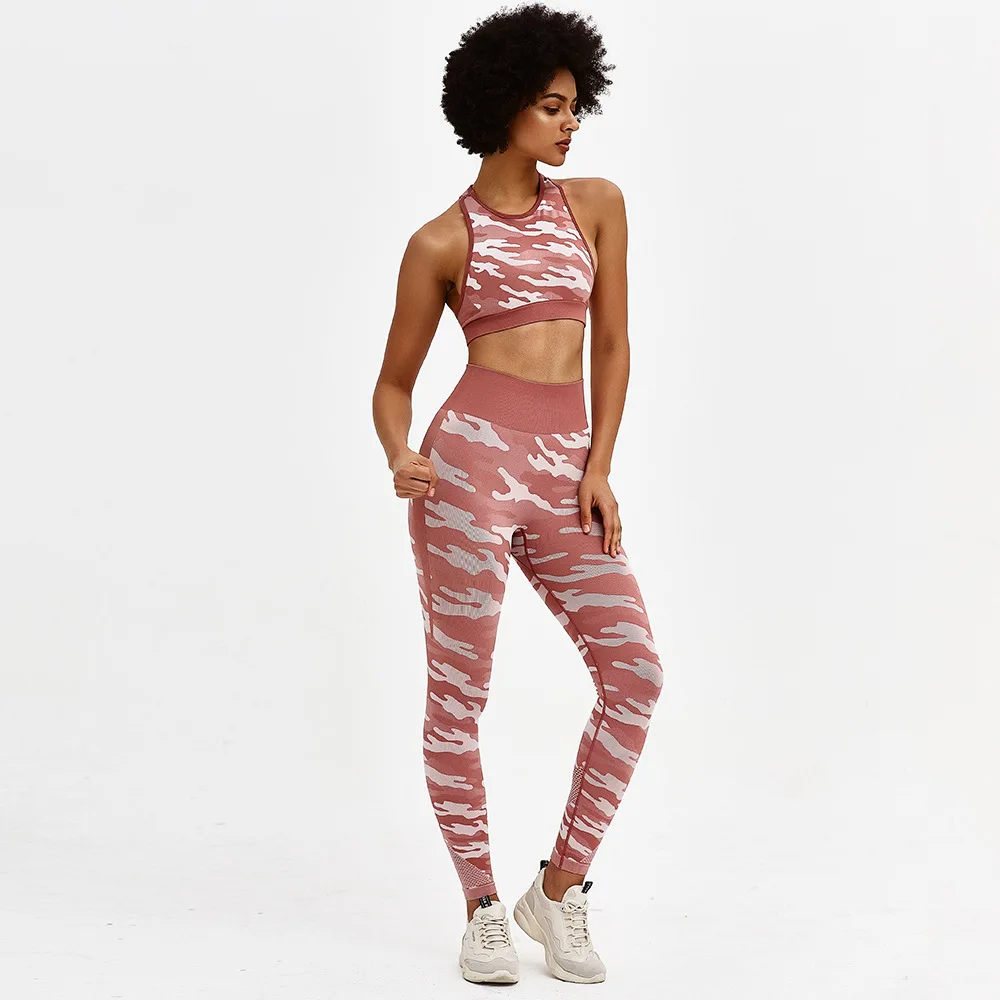 2020  Summer New Coming Women Seamless Workout Gym camouflage Set Fitness Wear Outdoor Set