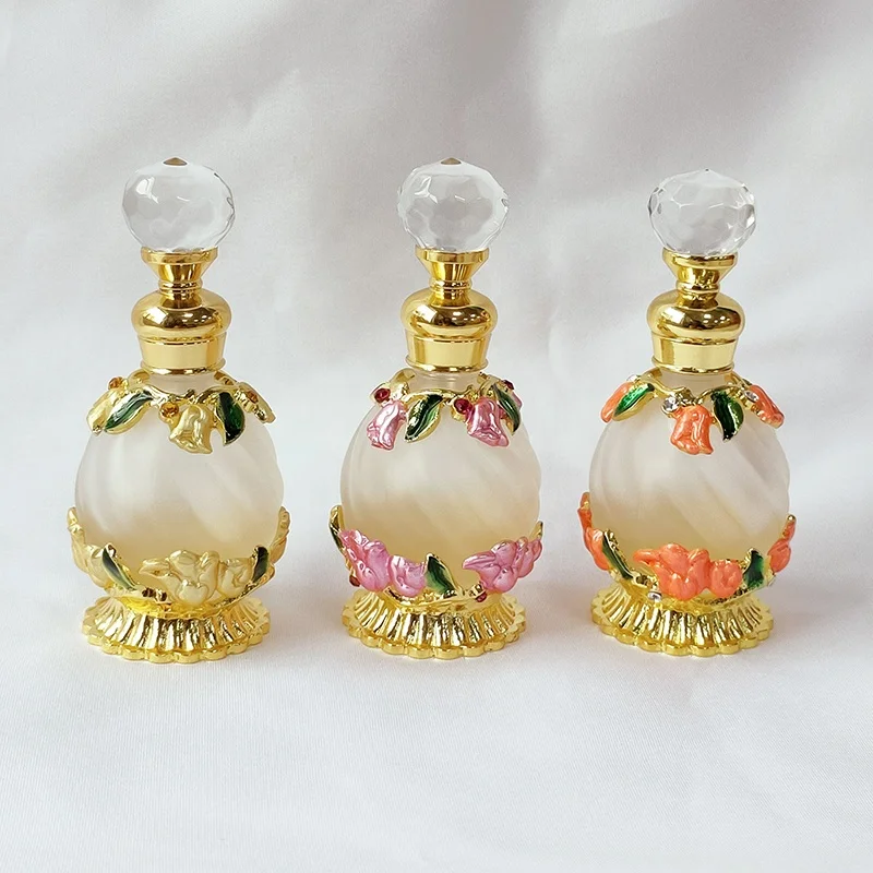 15ml European Middle East Dubai Patent Metal Tulip Flower Perfume Bottle Glass Essential Oil Attar Bottle Factory Outlet#81144SG