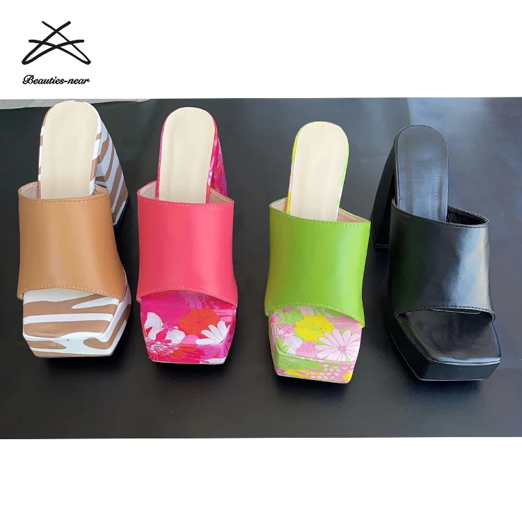 2024 New Women Square Toe Thick Sole Big Chunky High Heels Ladies Wedge Platform Sandals Stripper Shoes Slide Sandals Shoes