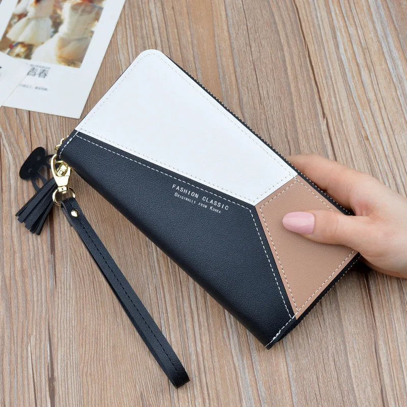 New ladies  long  style contrast color stitching zipper tassel large capacity wallet mobile phone bag wallets for women