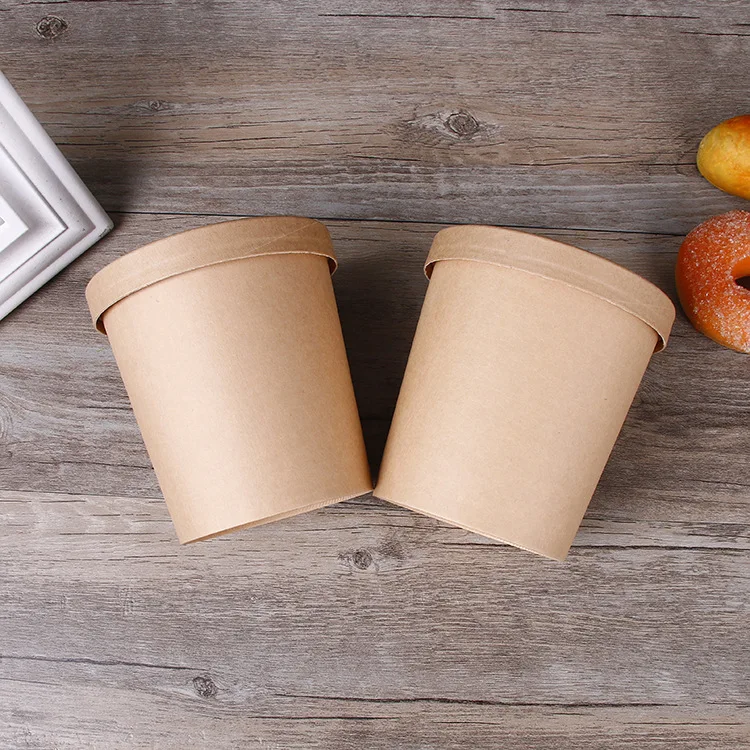 Eco disposable friendly 32oz kraft paper soup cup bowl popcorn buckets with lid